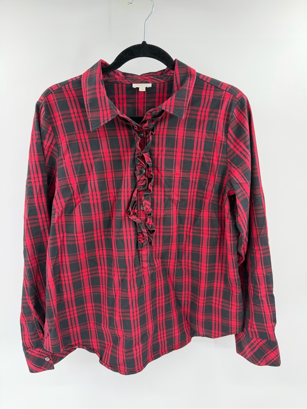 Talbots Stretch Long Sleeve Red Black Plaid Popover Blouse Ruffle Preppy Large